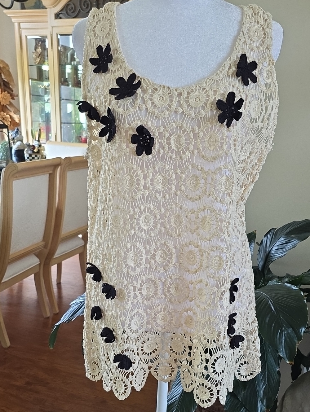 INC International Concepts Cream Crochet Tank with Black Floral Appliqués